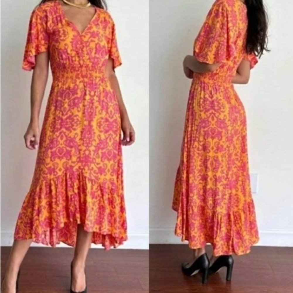 Abel the Label Maya Yellow Pink Paisley Boho Smocked High Low‎ Midi Dress XS NEW